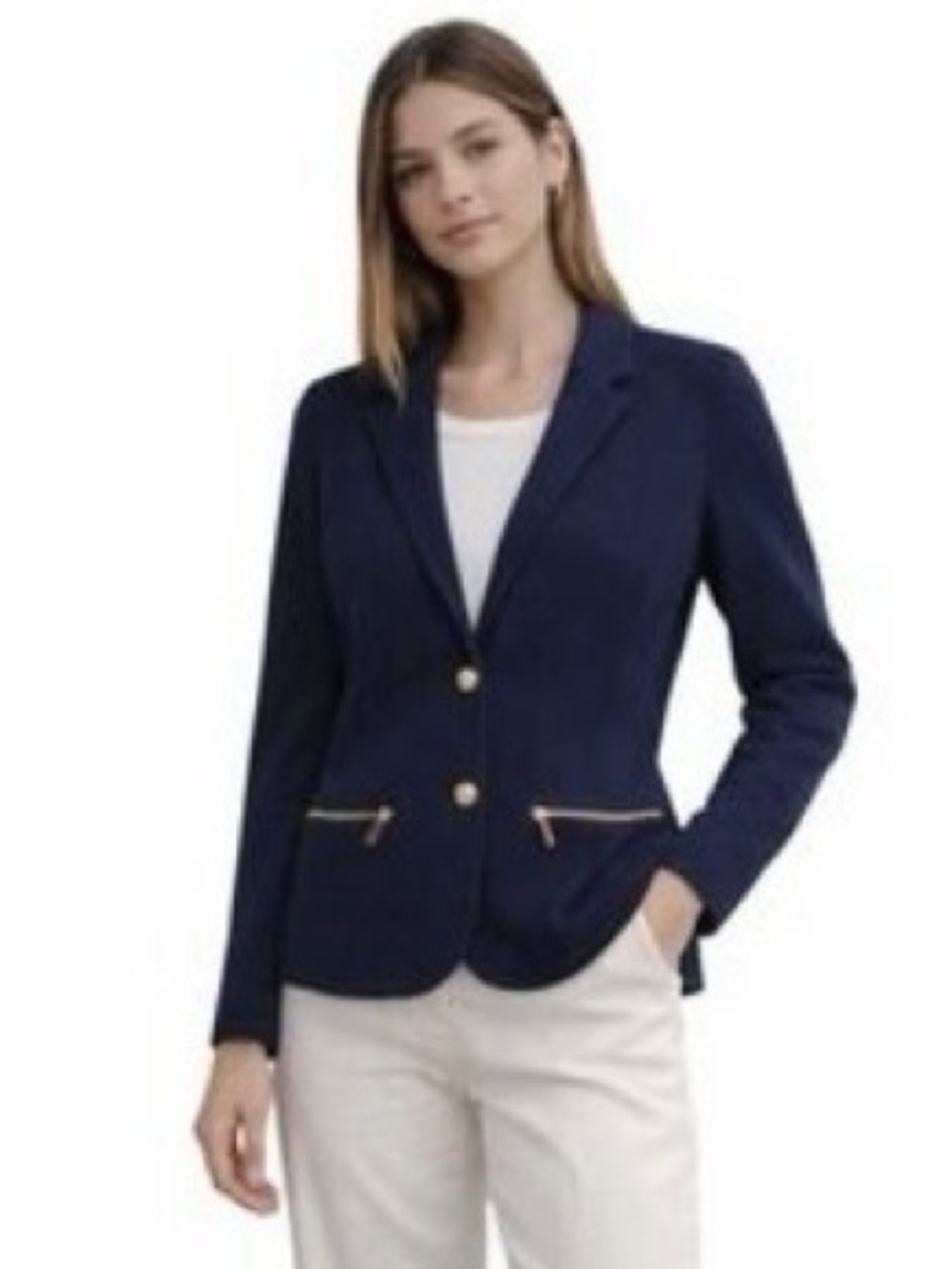 Lauren Ralph Lauren Navy Knit Blazer Jacket Gold Crest Buttons Zip Pockets Sz SP